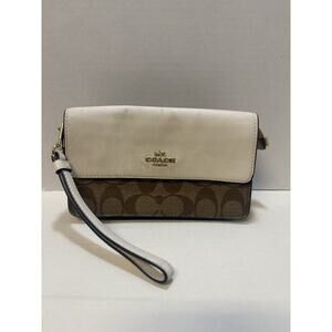 Coach Fold Over Wrislet In Signature Canvas Khaki Brown Leather Trim With Strap